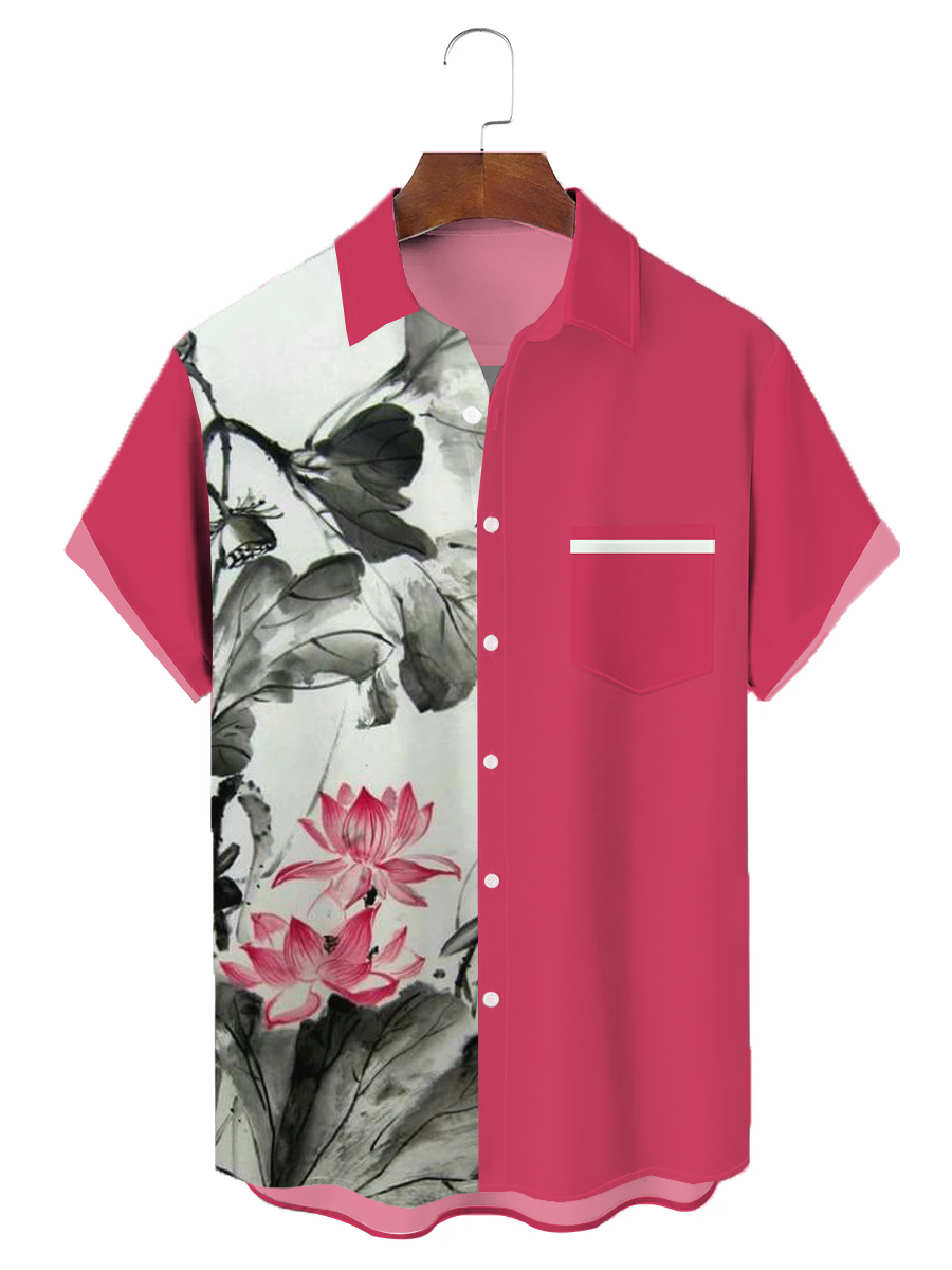 Men's Hawaiian Shirts Ink Lotus Chest Pocket Short Sleeve Bowling Shirt