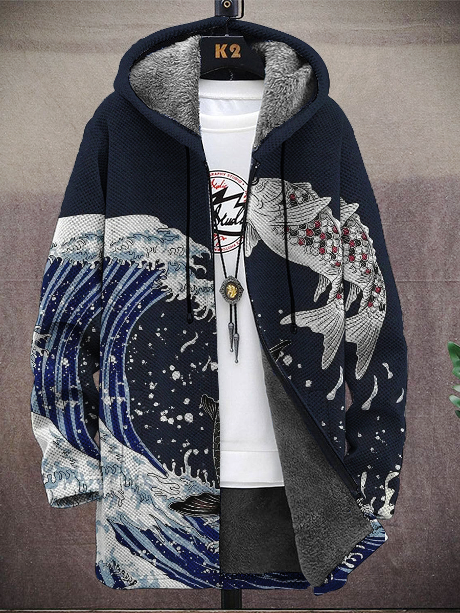 Men's Vintage Ukiyo-e Koi Print Hooded Two-Pocket Fleece Jacket
