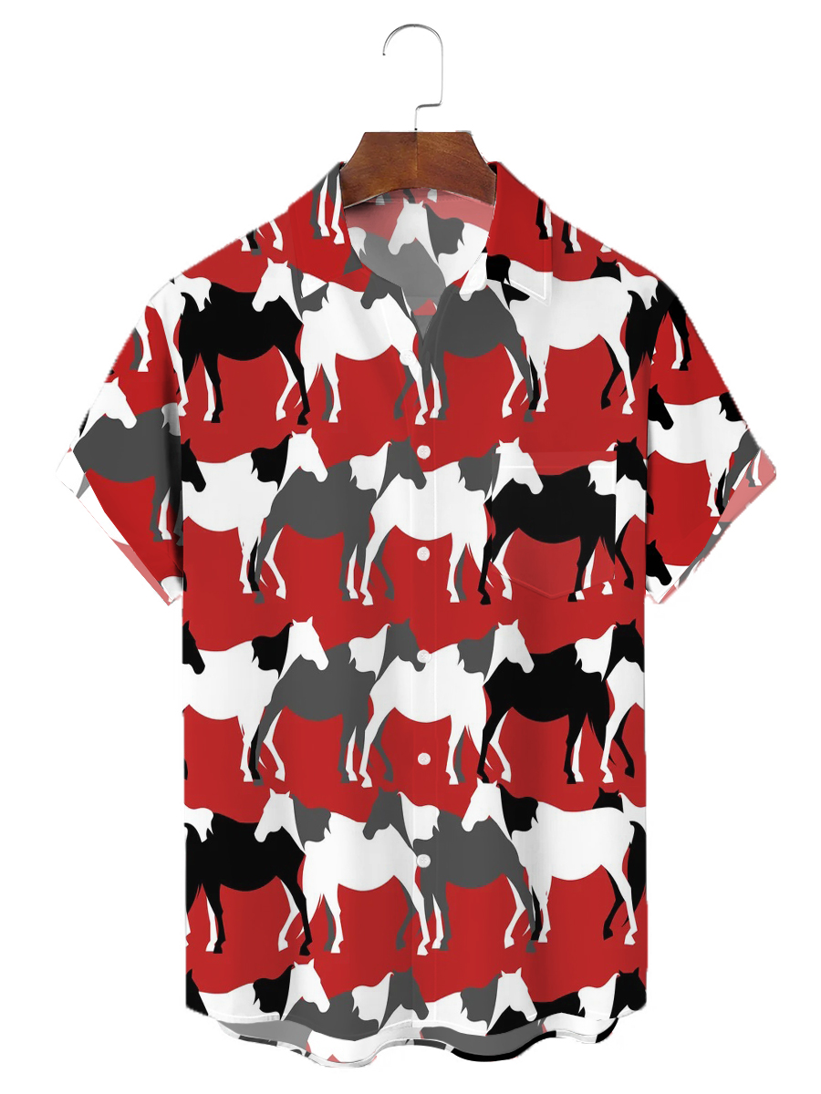Men's Hawaiian Shirt Multicolor Horses Print Button Down Pocket Shirt