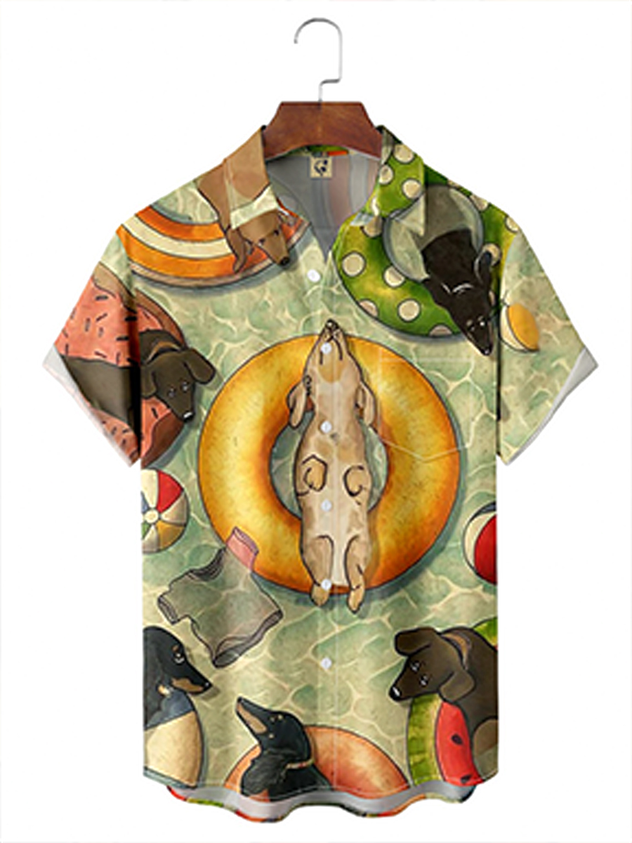 Men's Shirt Cute Dog Print Casual Vacation Oversized Short Sleeve Shirt
