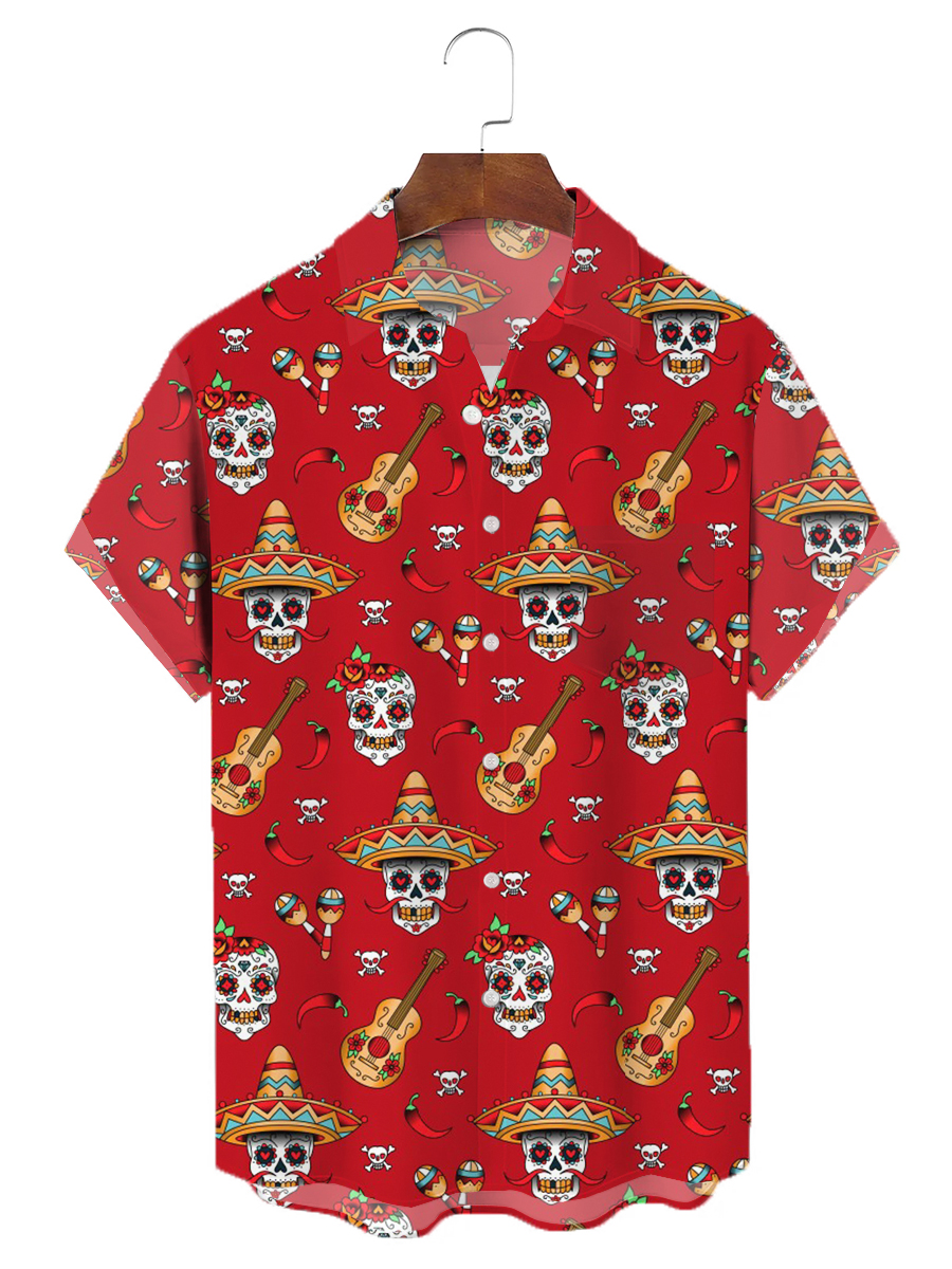 Cinco De Mayo Skull Chest Pocket Short Sleeve Casual Shirt
