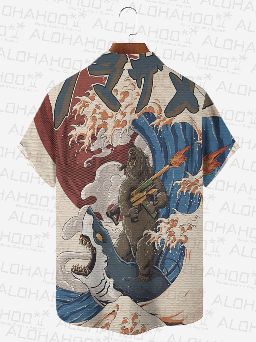 Bear And Shark Chest Pocket Hawaiian Shirt