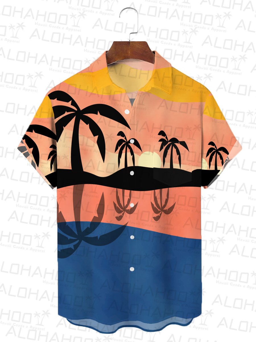 Art Colorblock Mountain Chest Pocket Hawaiian Shirt