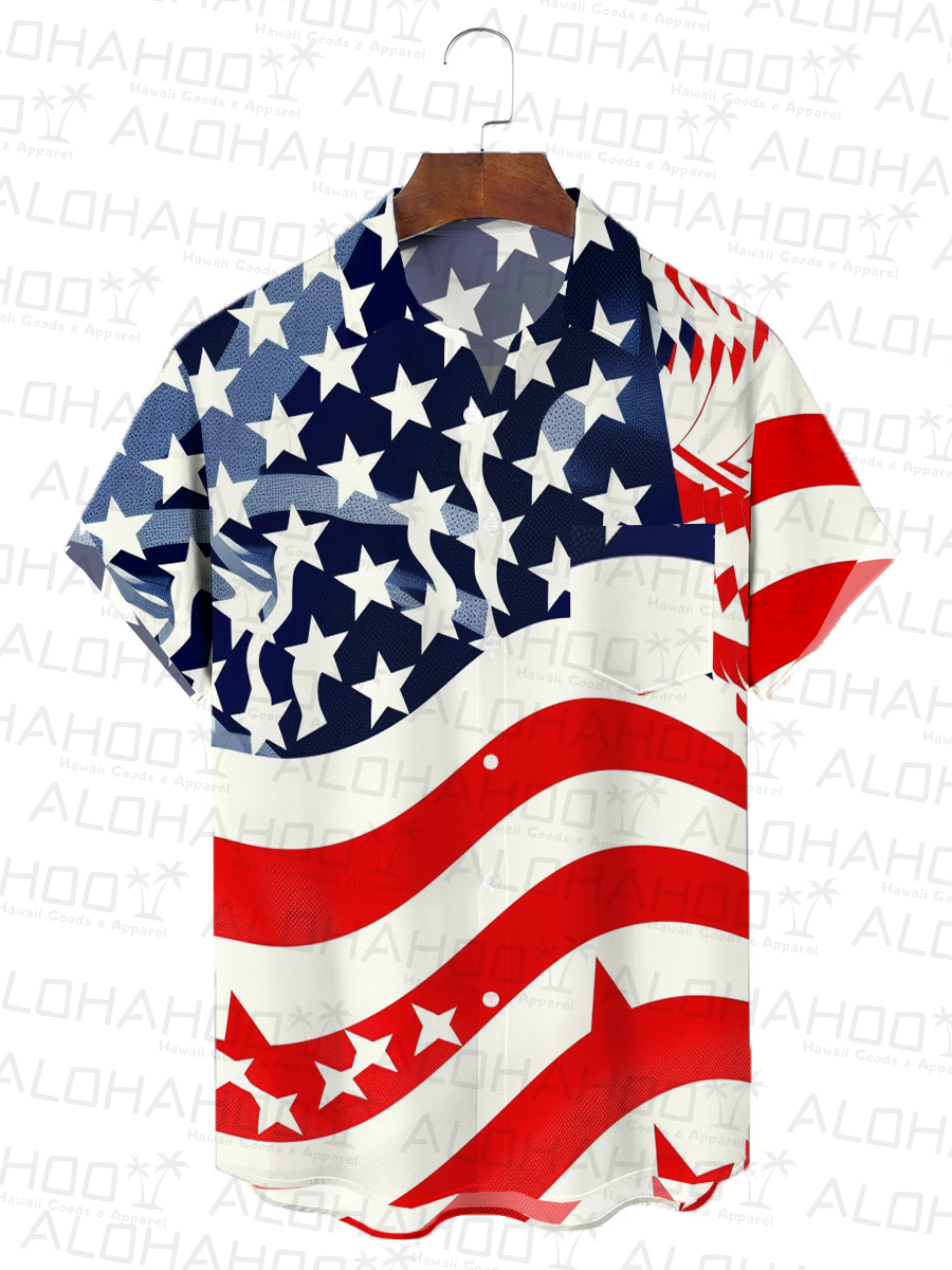 Independence Day Celebrate Flag Chest Pocket Hawaiian Shirt