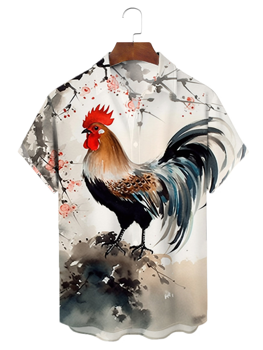 Ink Painting Rooster Chest Pocket Short Sleeves Casual Shirt