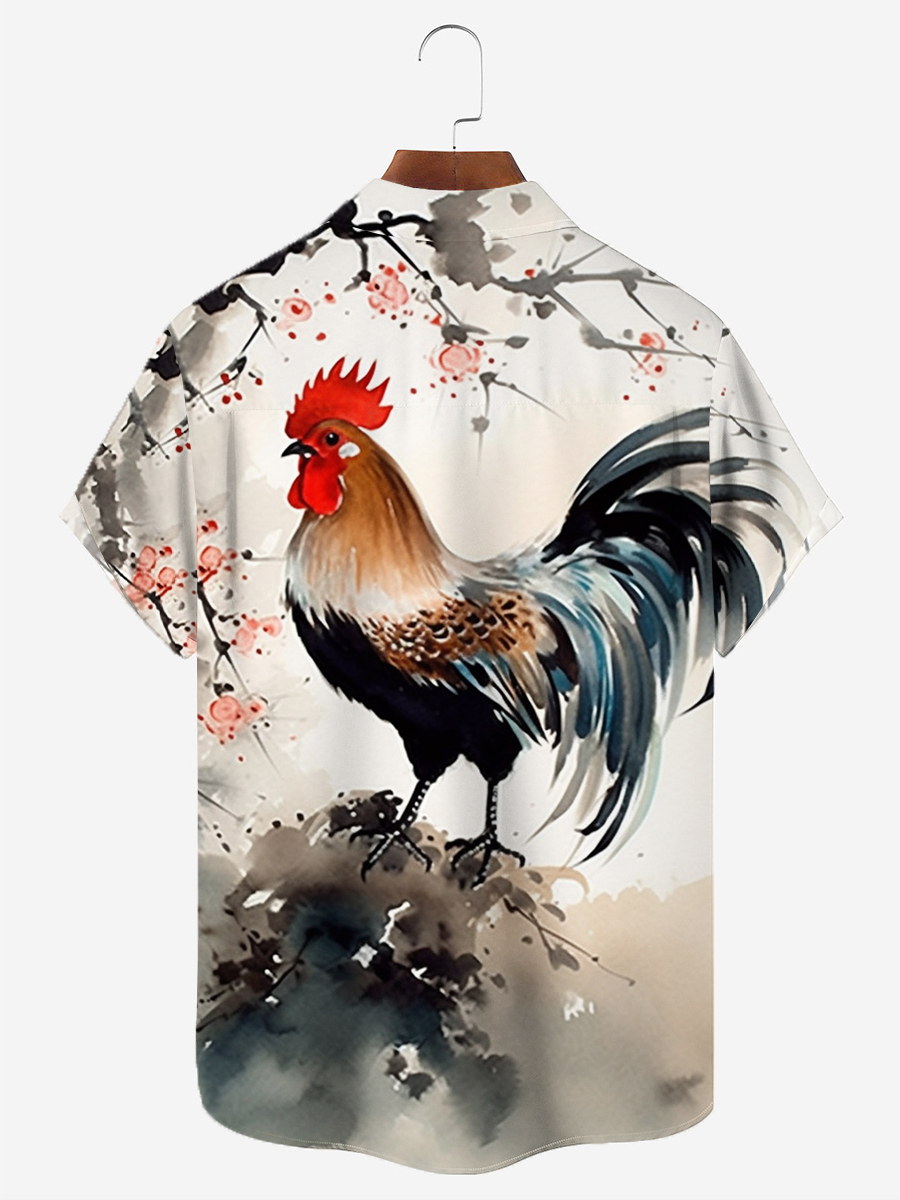 Ink Painting Rooster Chest Pocket Short Sleeves Casual Shirt