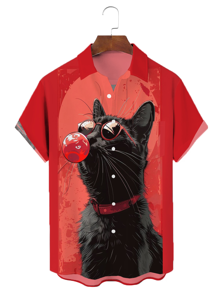 Moisture-wicking Cat Blowing Bubbles Chest Pocket Casual Shirt