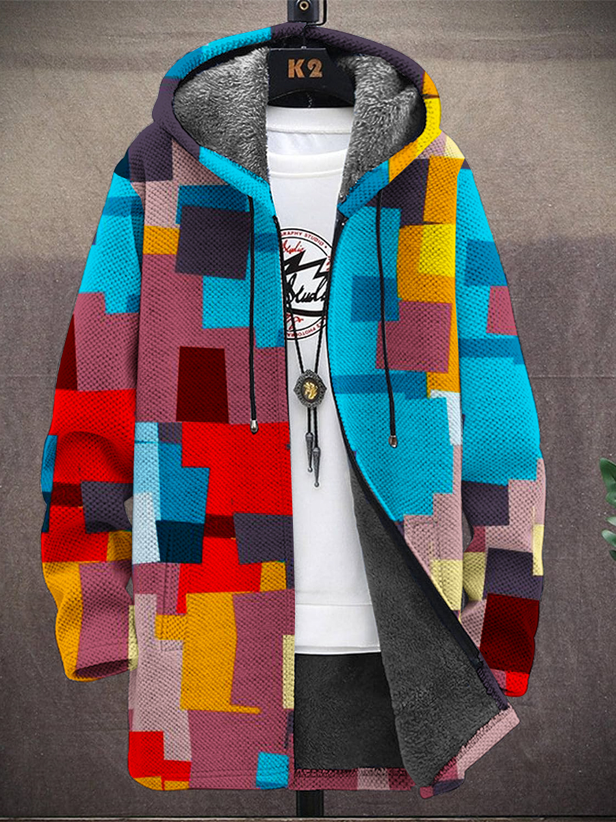 Men's Colorblock Puzzle Print Hooded Two-Pocket Fleece Cardigan Jacket