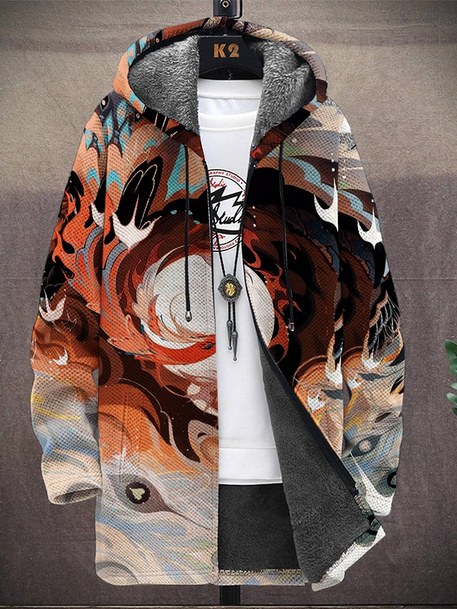 Men's Art Phoenix Print Hooded Two-Pocket Fleece Cardigan Jacket