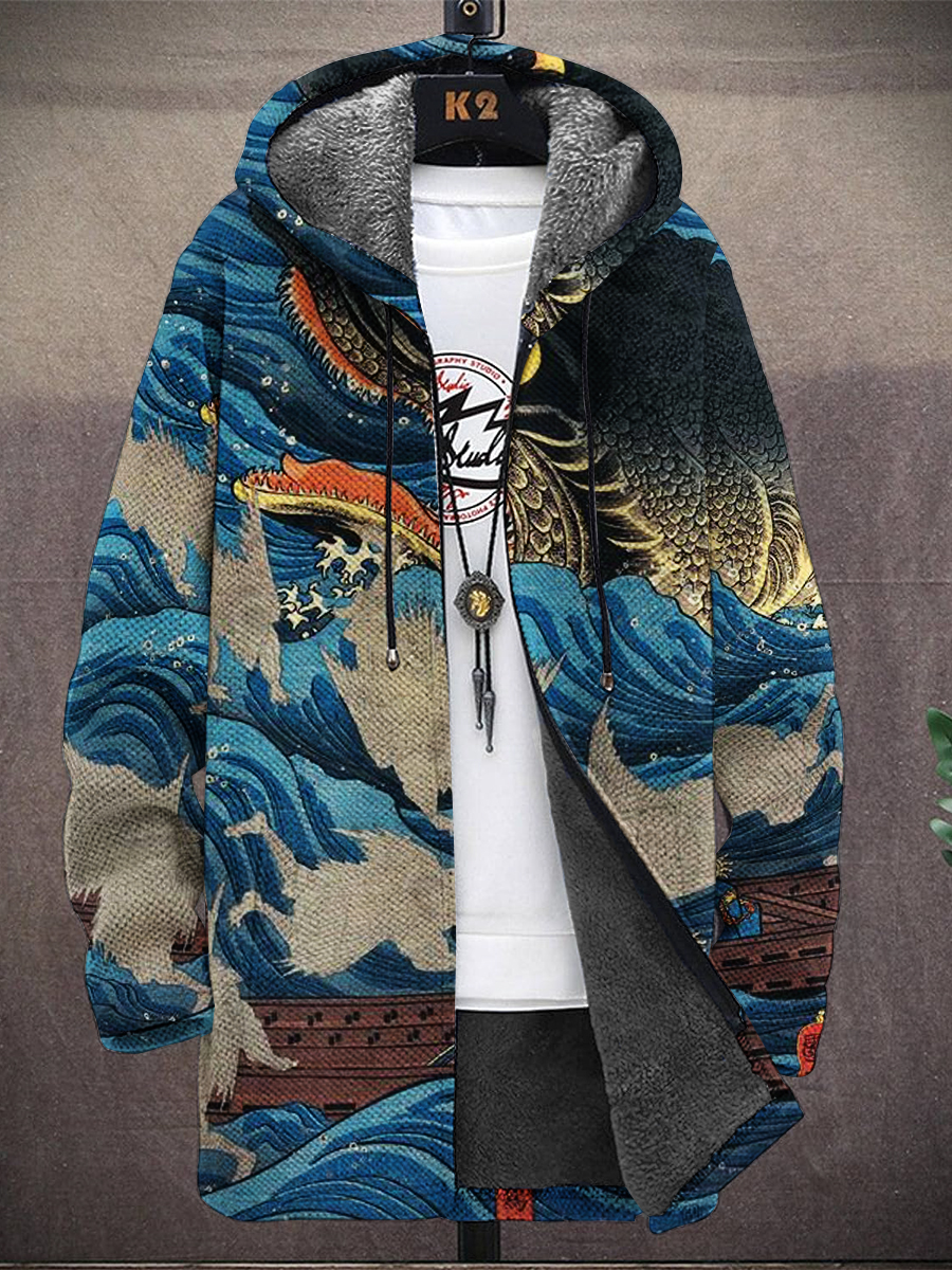 Men's Art Japanese Style Print Hooded Two-Pocket Fleece Cardigan Jacket