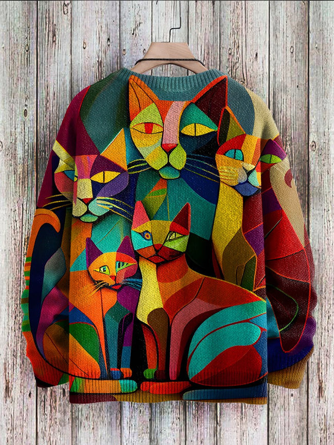 Cute Cat Abstract Art Print Casual Knit Pullover Sweater