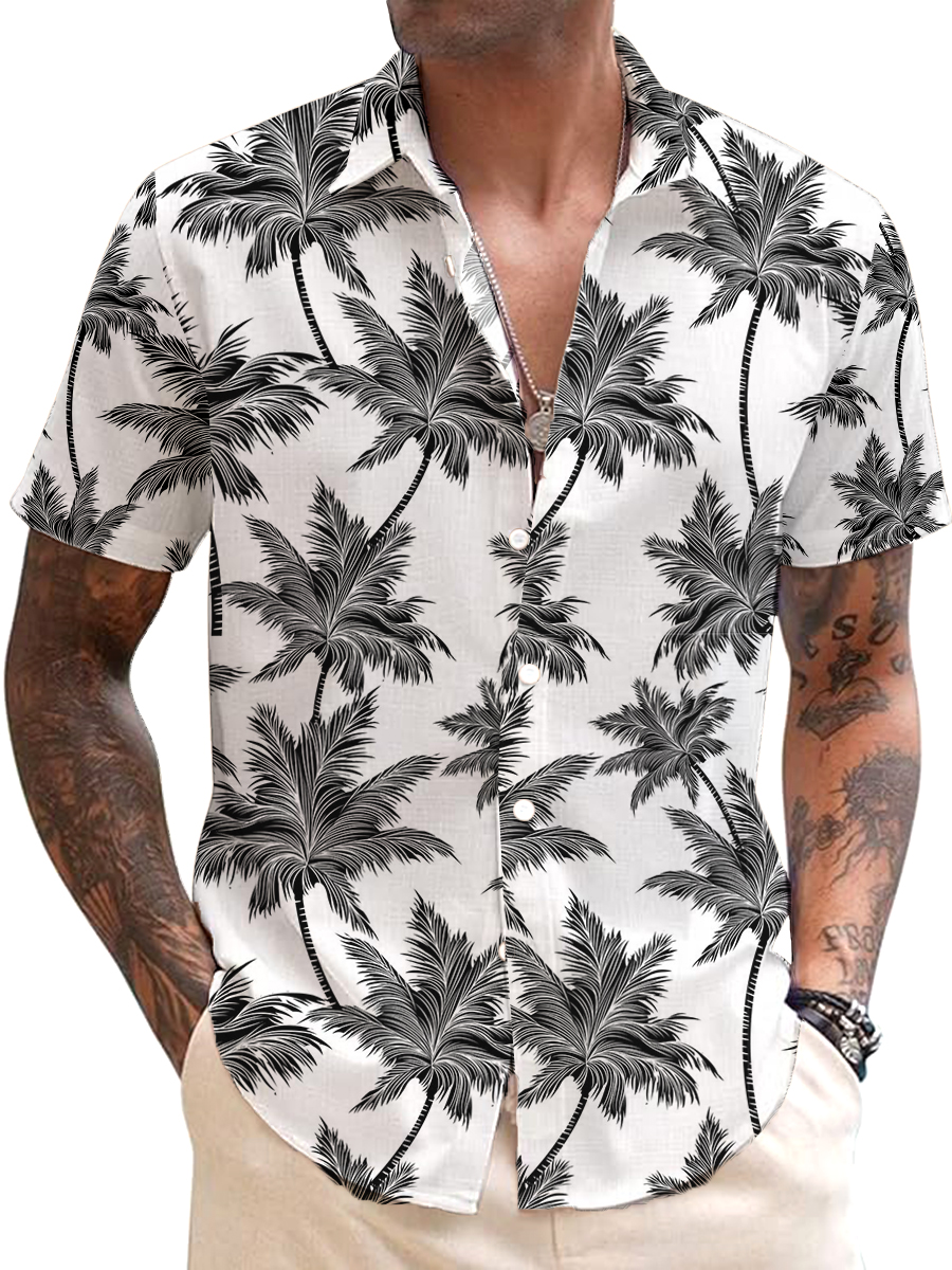 Men's Cotton-Linen Shirts Casual Coconut Tree Lightweight Hawaiian Shirts