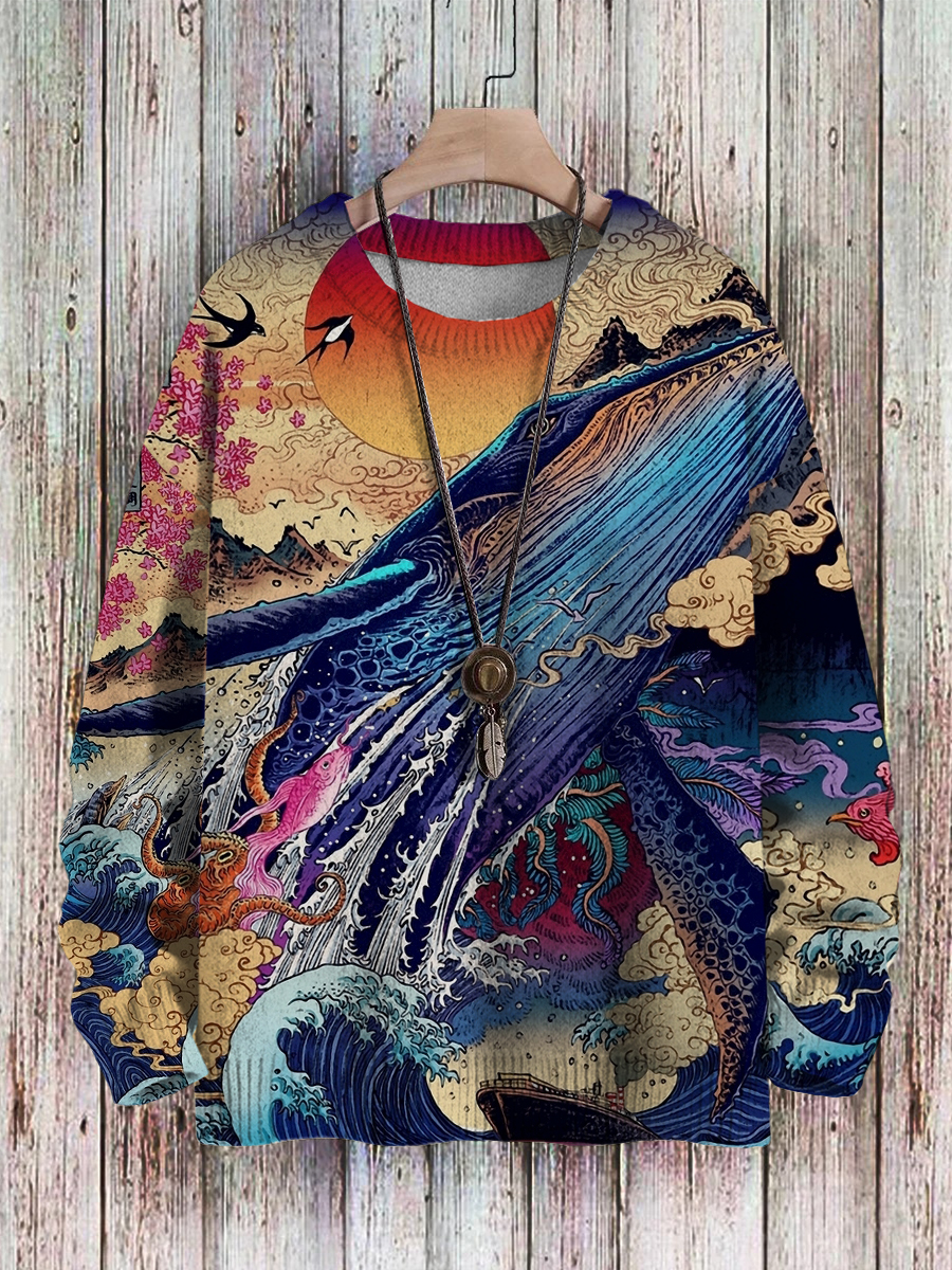 Men's Sweater Art Huge Whale Print Casual Knit Sweatshirt Sweater
