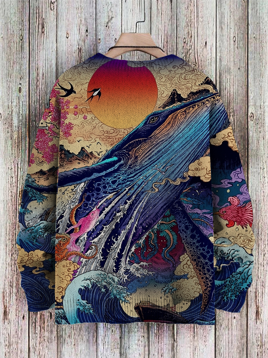 Men's Sweater Art Huge Whale Print Casual Knit Sweatshirt Sweater