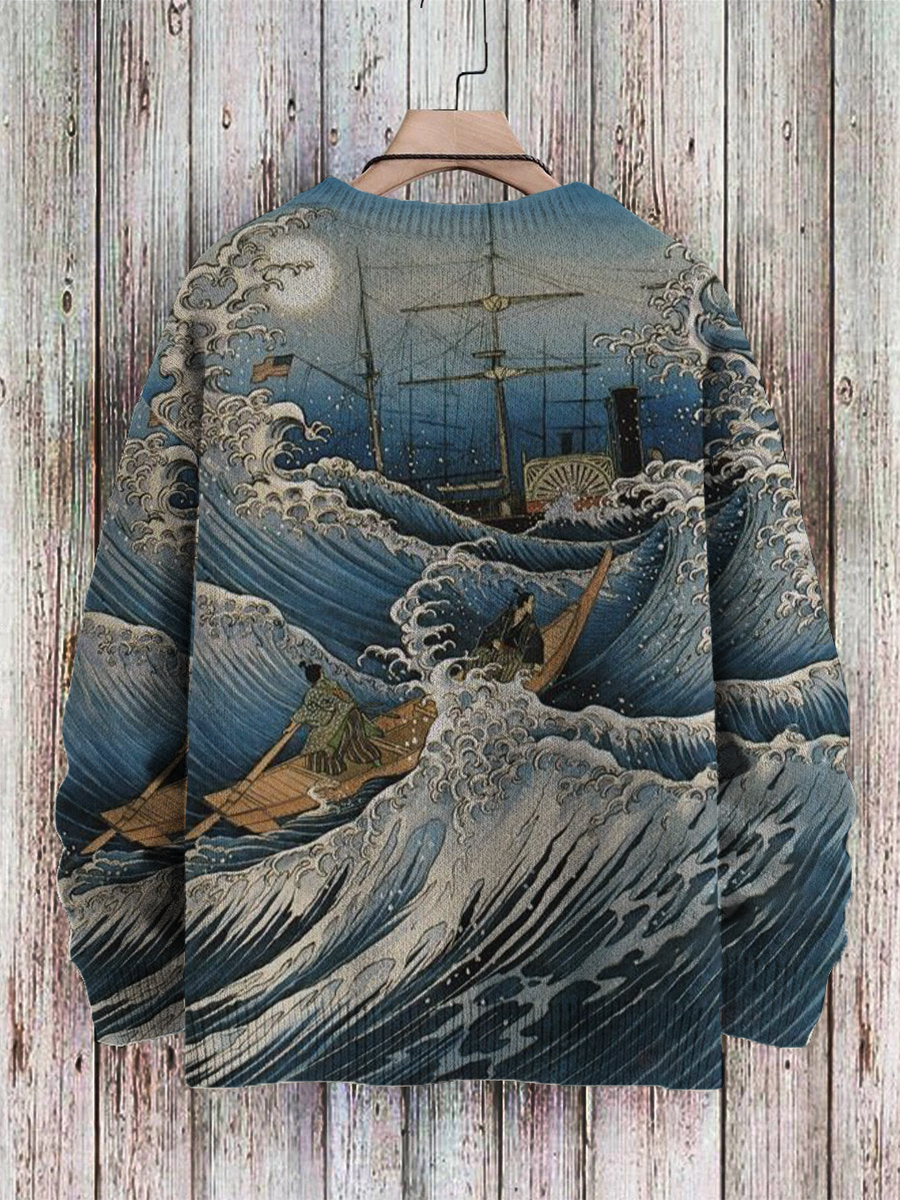 Men's Sweater Night Sailing Print Casual Knit Sweatshirt Sweater
