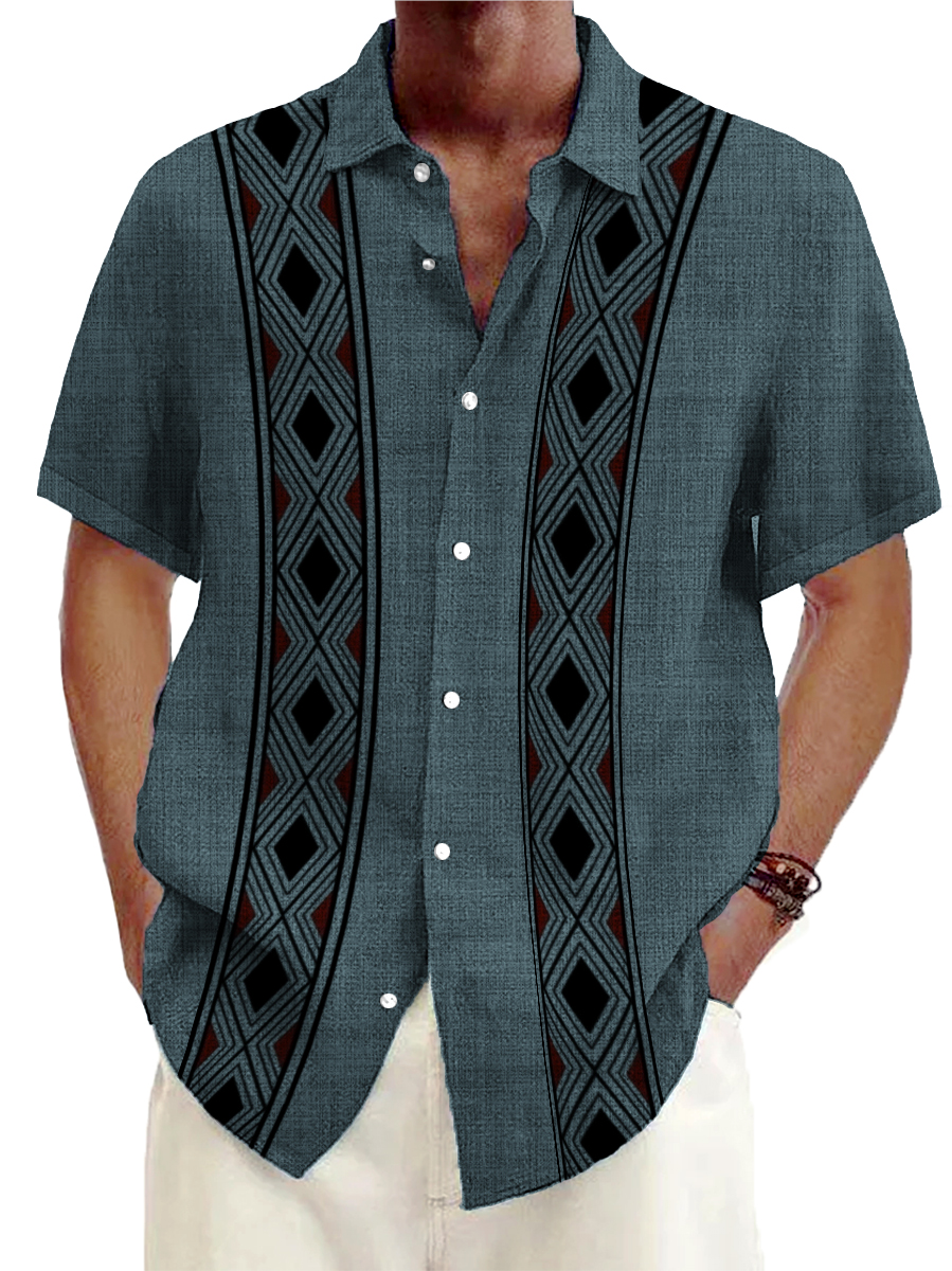 Men's Cotton-Linen Shirts Casual Native Pattern Lightweight Hawaiian Shirts
