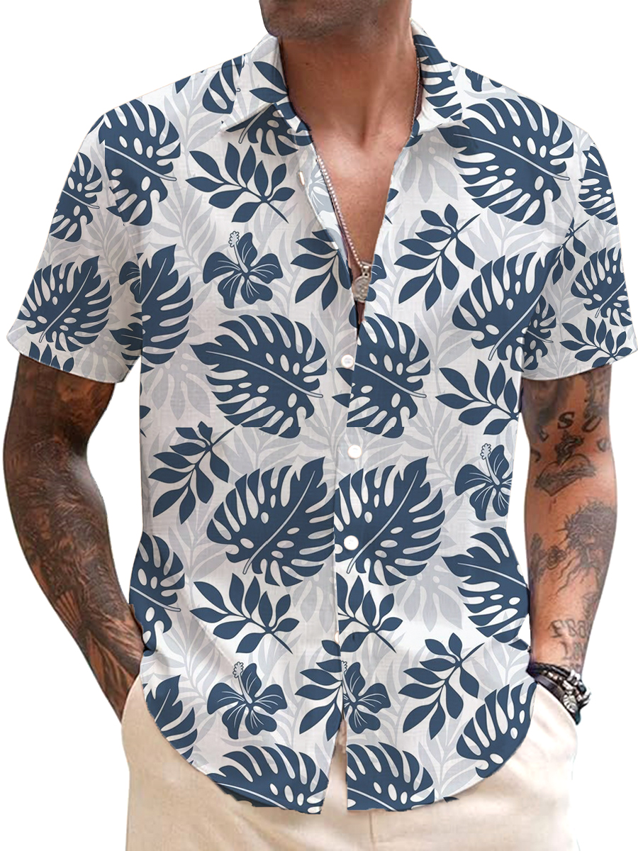 Men's Cotton-Linen Shirts Casual Tropical Leaves Lightweight Hawaiian Shirts