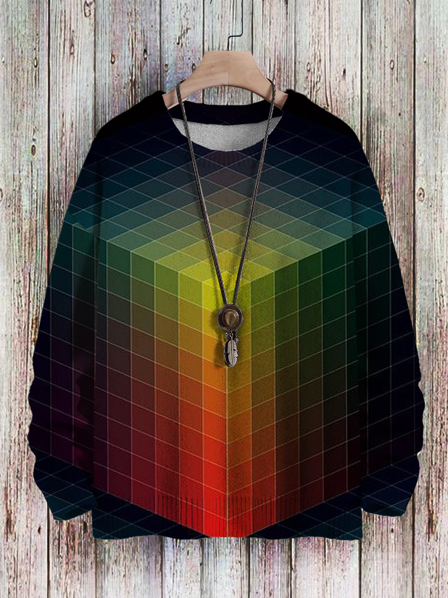 Men's Sweater Gradient Cube Pattern Pullover Print Casual Sweater