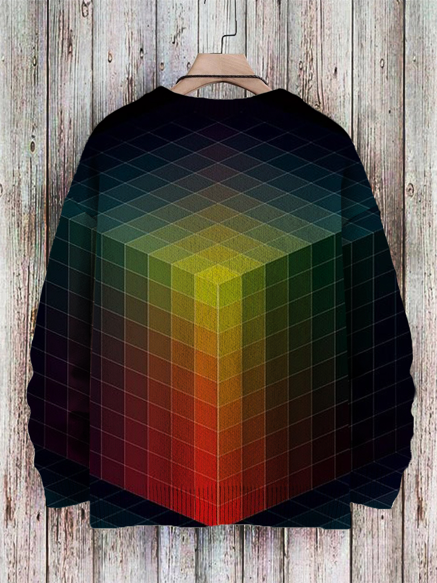 Men's Sweater Gradient Cube Pattern Pullover Print Casual Sweater