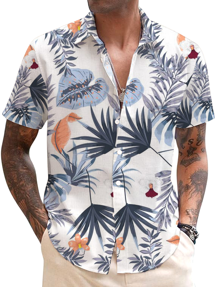 Men's Cotton-Linen Shirts Casual Tropic Leaves Lightweight Hawaiian Shirts