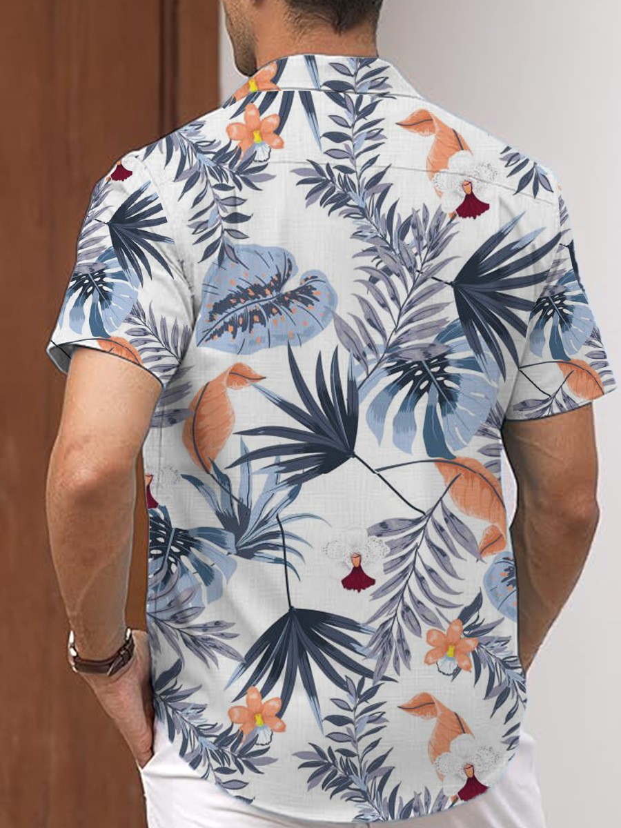 Men's Cotton-Linen Shirts Casual Tropic Leaves Lightweight Hawaiian Shirts