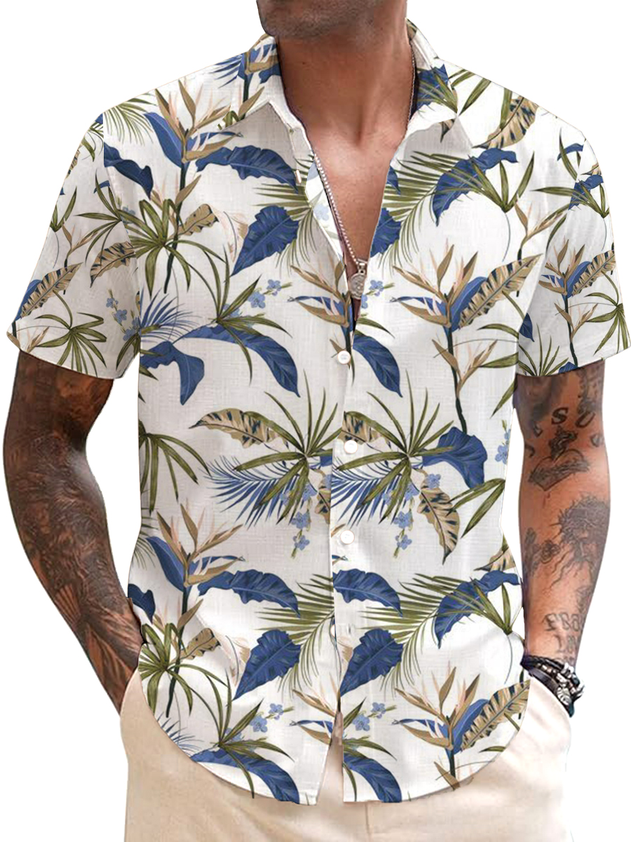 Men's Cotton-Linen Shirts Casual Art Leaves Lightweight Hawaiian Shirts