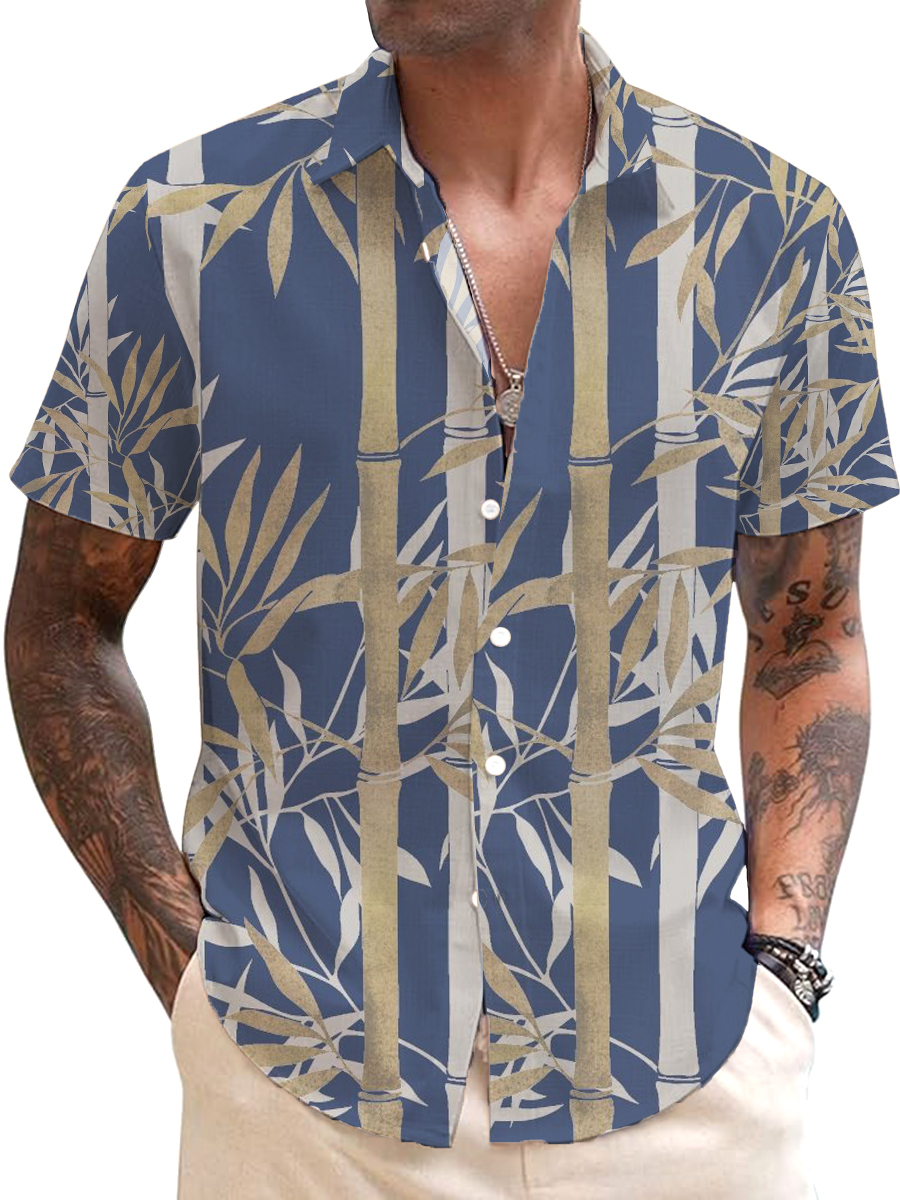 Men's Cotton-Linen Shirts Casual Art Bamboo Lightweight Hawaiian Shirts