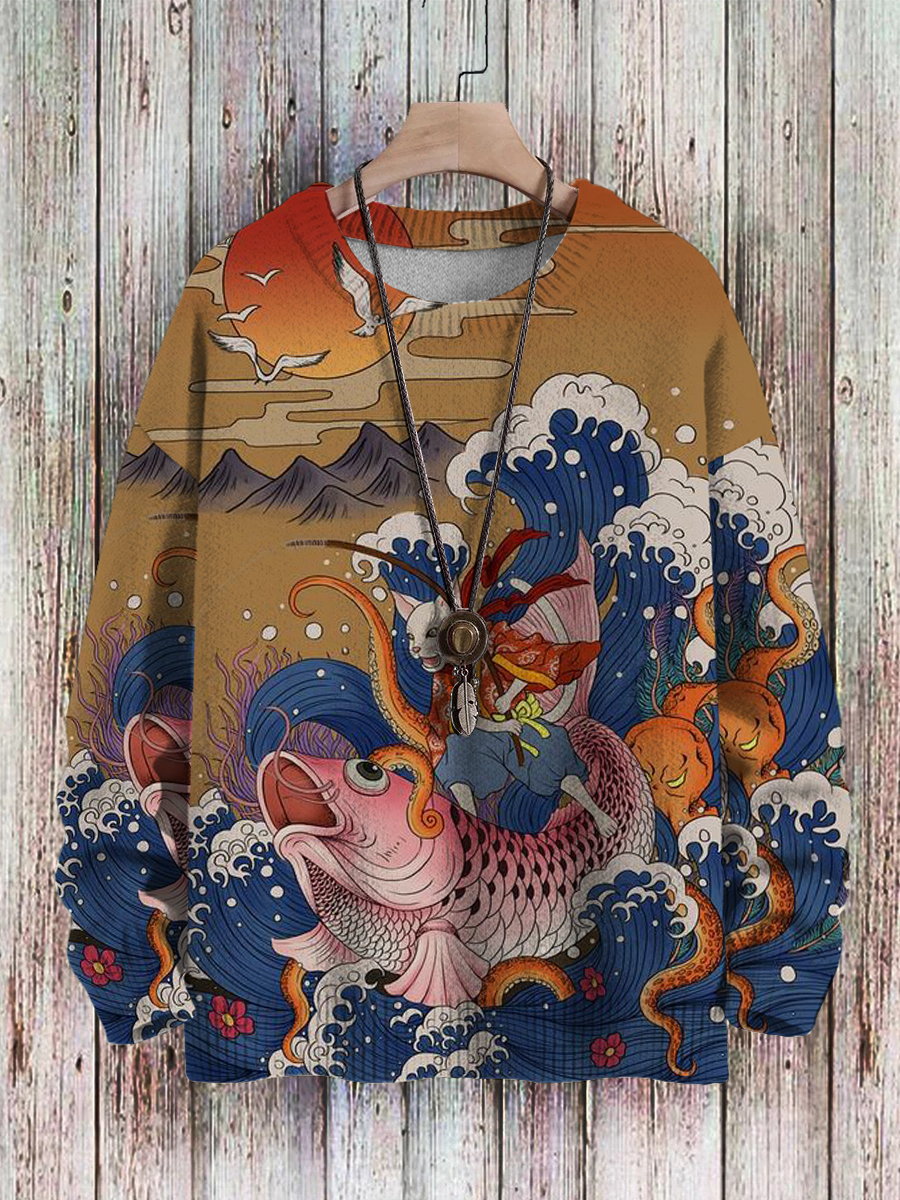 Men's Sweater Art Cat Ride Koi Print Casual Knit Sweatshirt Sweater
