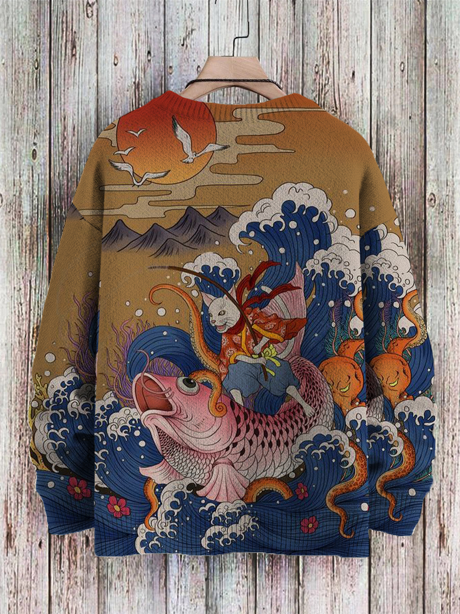 Men's Sweater Art Cat Ride Koi Print Casual Knit Sweatshirt Sweater