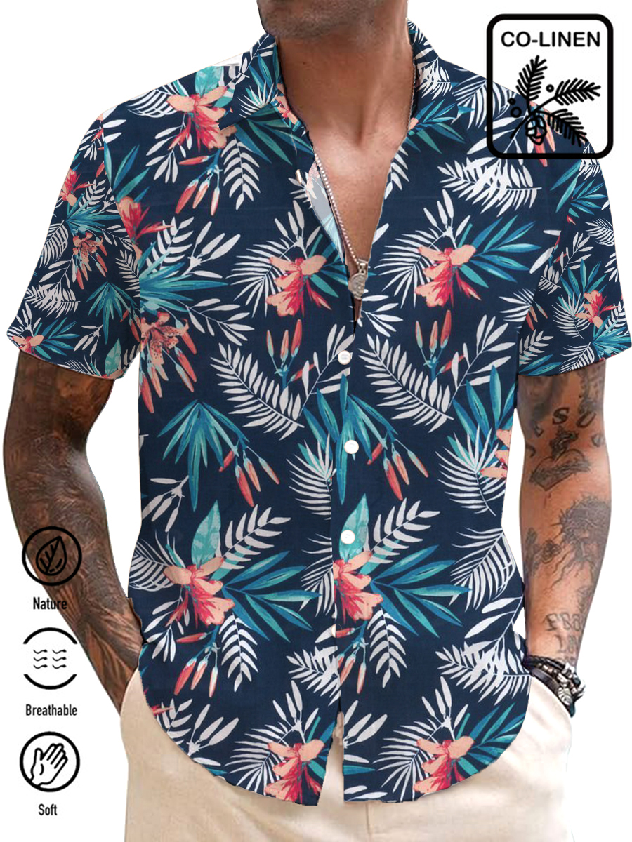 Men's Cotton-Linen Shirts Casual Art Vintage Floral Lightweight Hawaiian Shirts