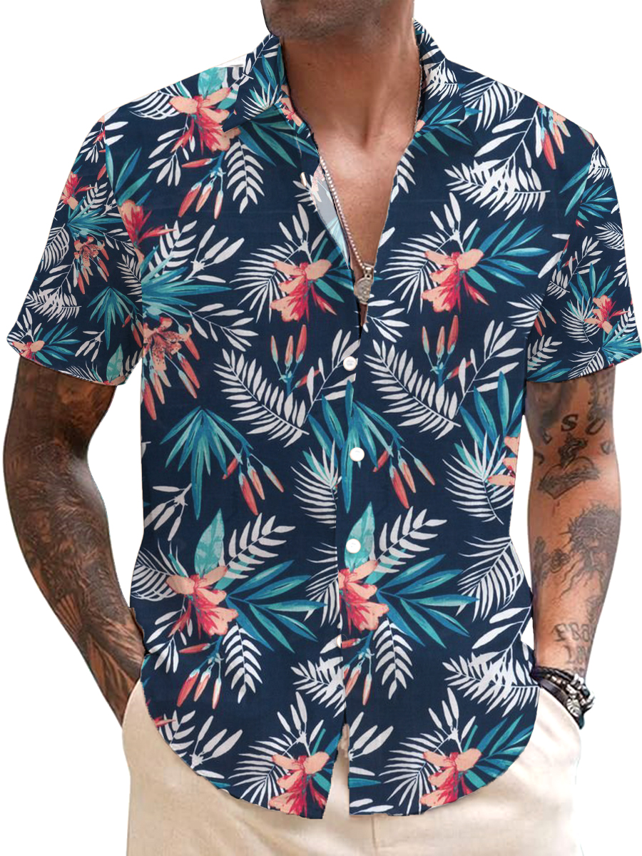 Men's Cotton-Linen Shirts Casual Art Vintage Floral Lightweight Hawaiian Shirts
