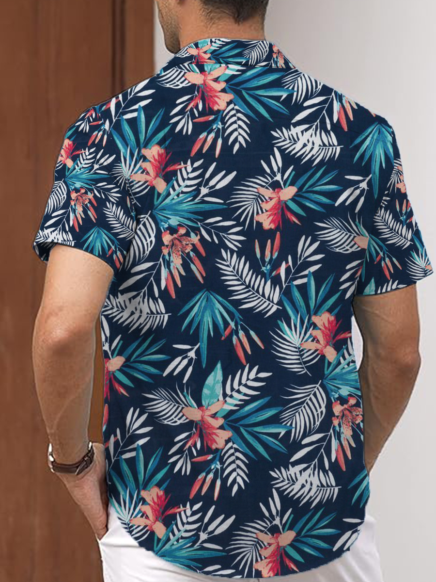 Men's Cotton-Linen Shirts Casual Art Vintage Floral Lightweight Hawaiian Shirts