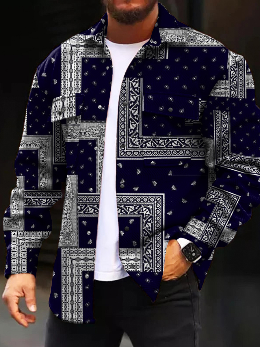 Men's Casual Jacket Fashion Paisley Print Long Sleeve Pockets Shirt Jacket