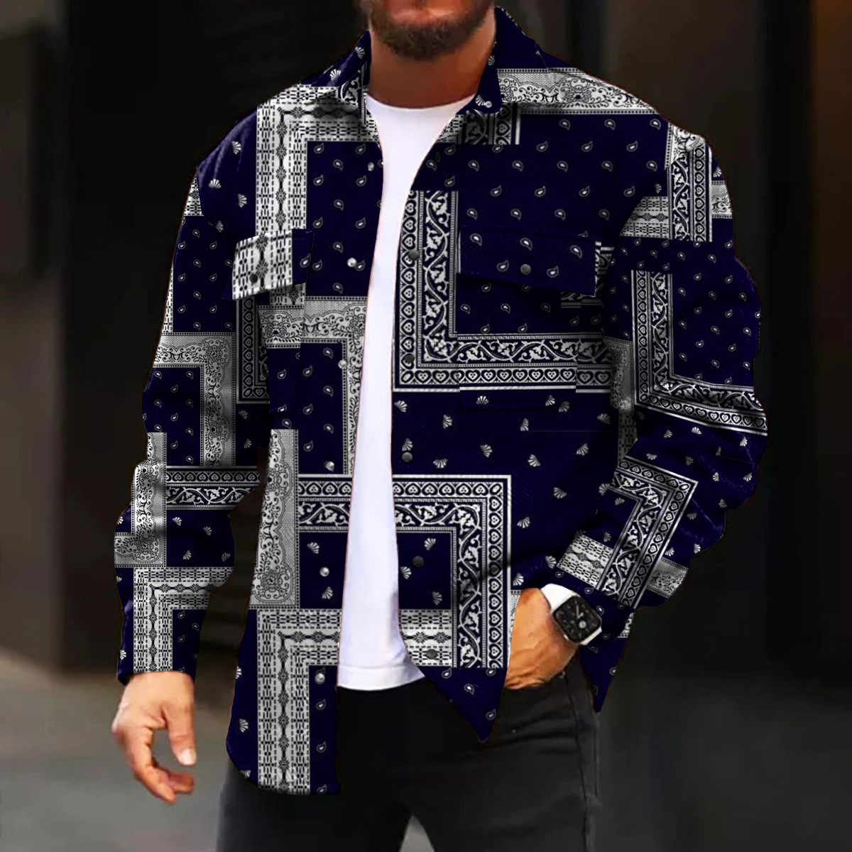 Men's Casual Jacket Fashion Paisley Print Long Sleeve Pockets Shirt Jacket