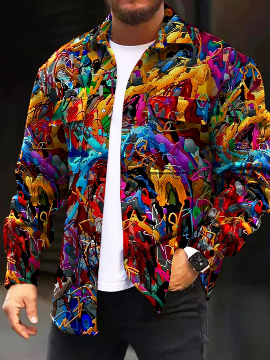 Men's Casual Jacket Art Abstract Print Long Sleeve Pockets Jacket