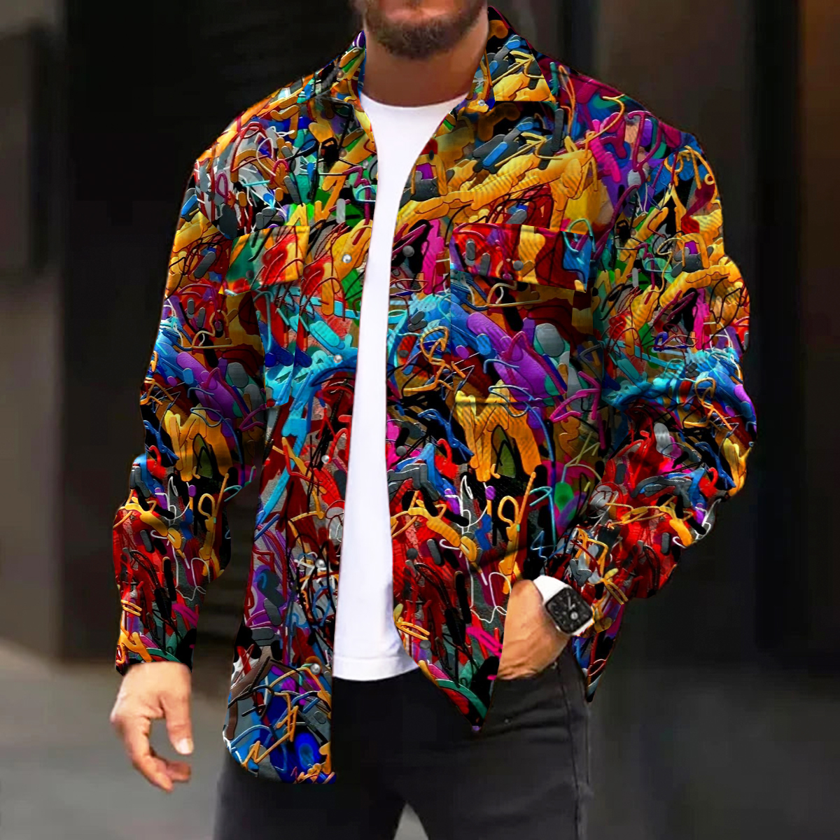 Men's Casual Jacket Art Abstract Print Long Sleeve Pockets Jacket