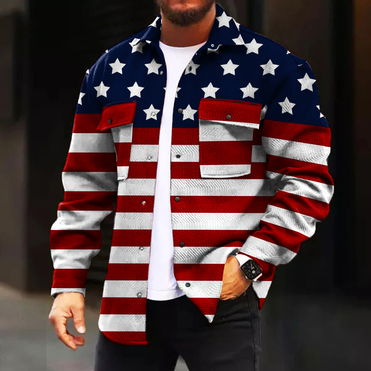Men's Casual Jacket Independent Flag Print Long Sleeve Pockets Shirt Jacket