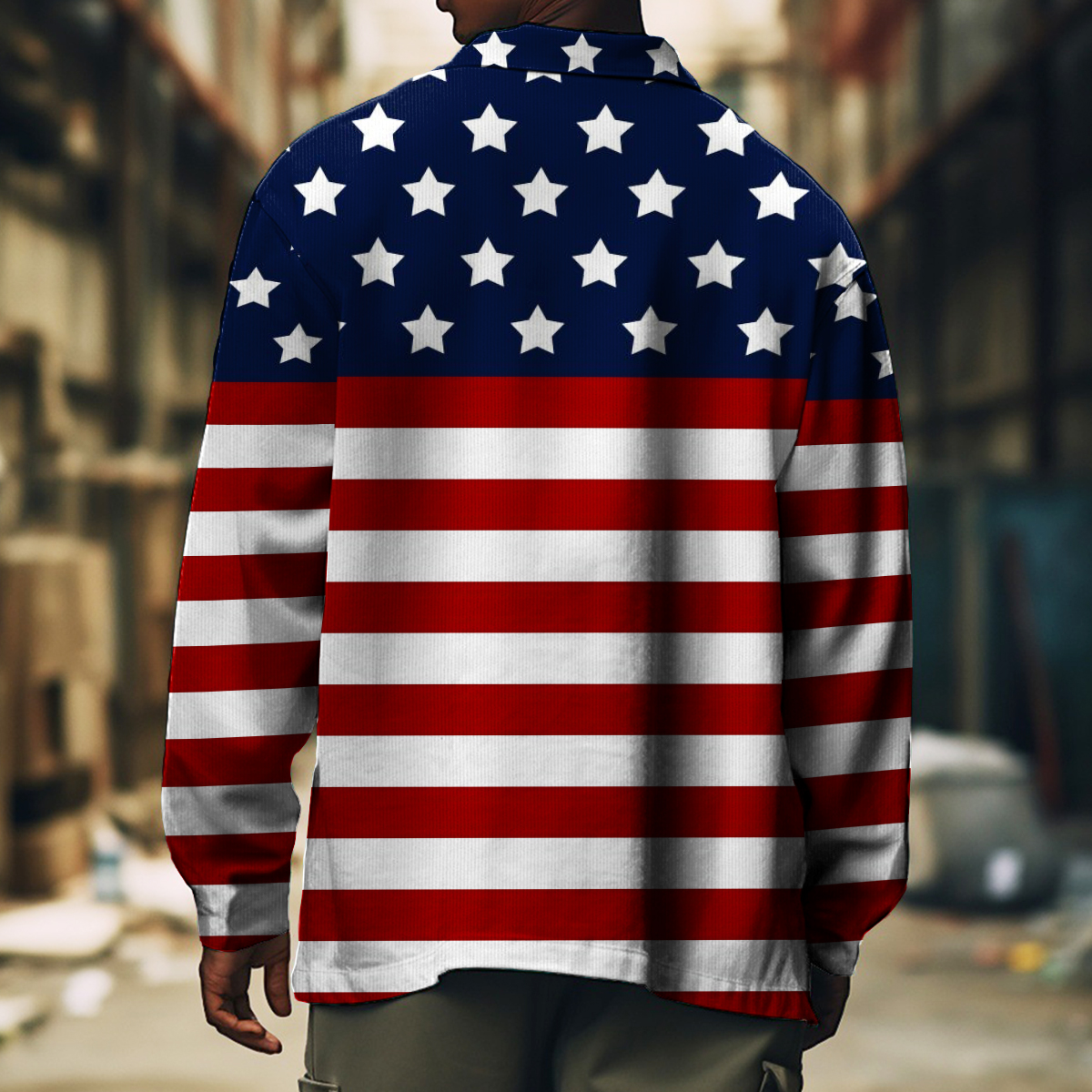 Men's Casual Jacket Independent Flag Print Long Sleeve Pockets Shirt Jacket