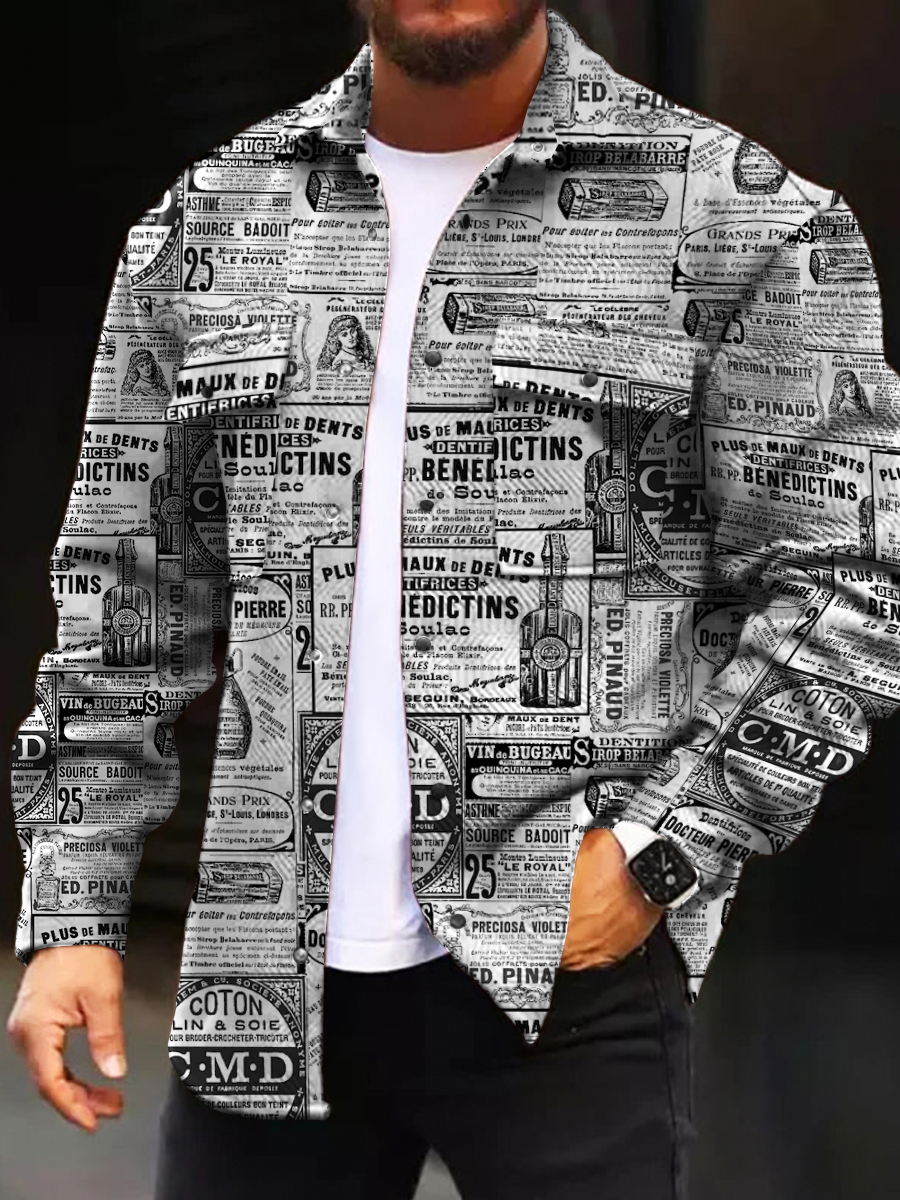 Men's Casual Jacket Fashion Vintage Newspaper Printed Long Sleeve Pocket Jacket