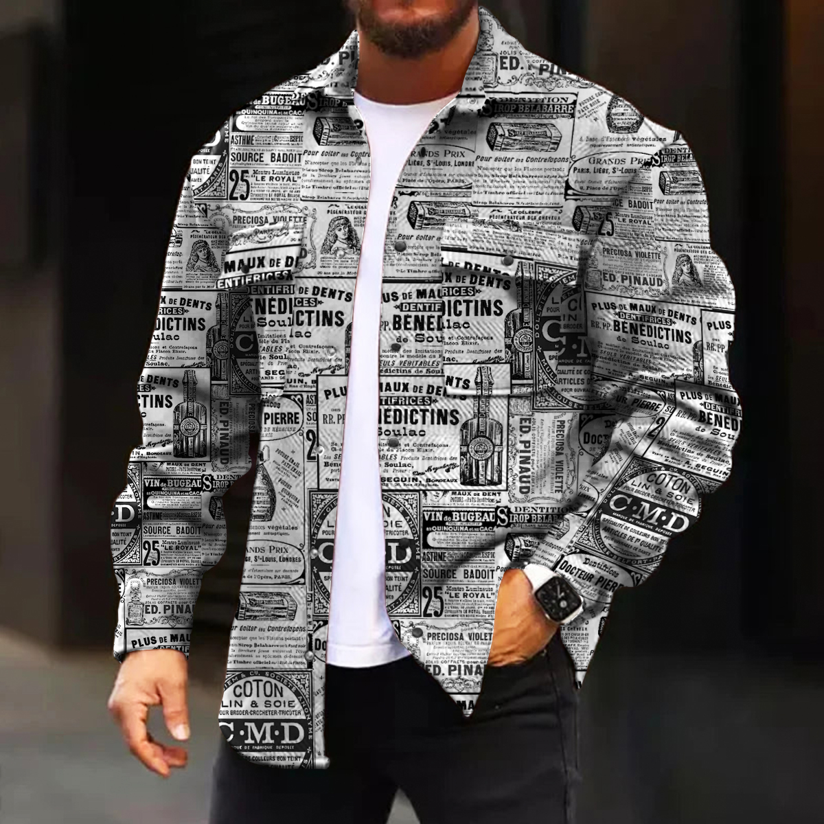 Men's Casual Jacket Fashion Vintage Newspaper Printed Long Sleeve Pocket Jacket