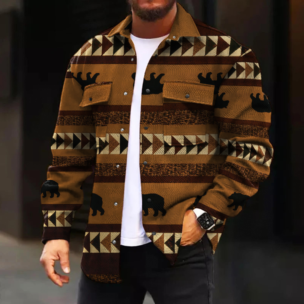 Men's Casual Jacket Retro Western Bear Print Long Sleeve Pockets Shirt Jacket