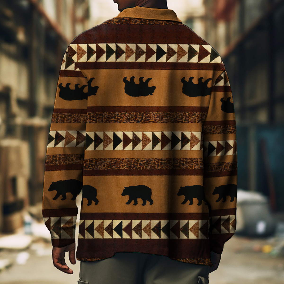 Men's Casual Jacket Retro Western Bear Print Long Sleeve Pockets Shirt Jacket