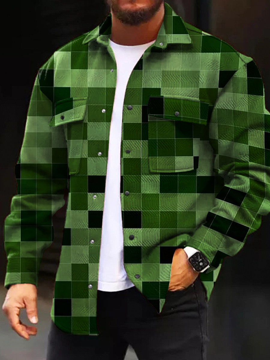 Men's Casual Jacket Fashion Green Plaid Printed Long Sleeve Pocket Jacket