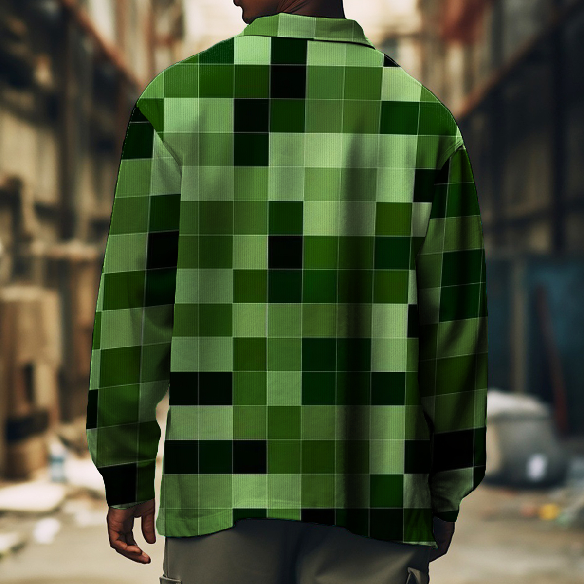 Men's Casual Jacket Fashion Green Plaid Printed Long Sleeve Pocket Jacket