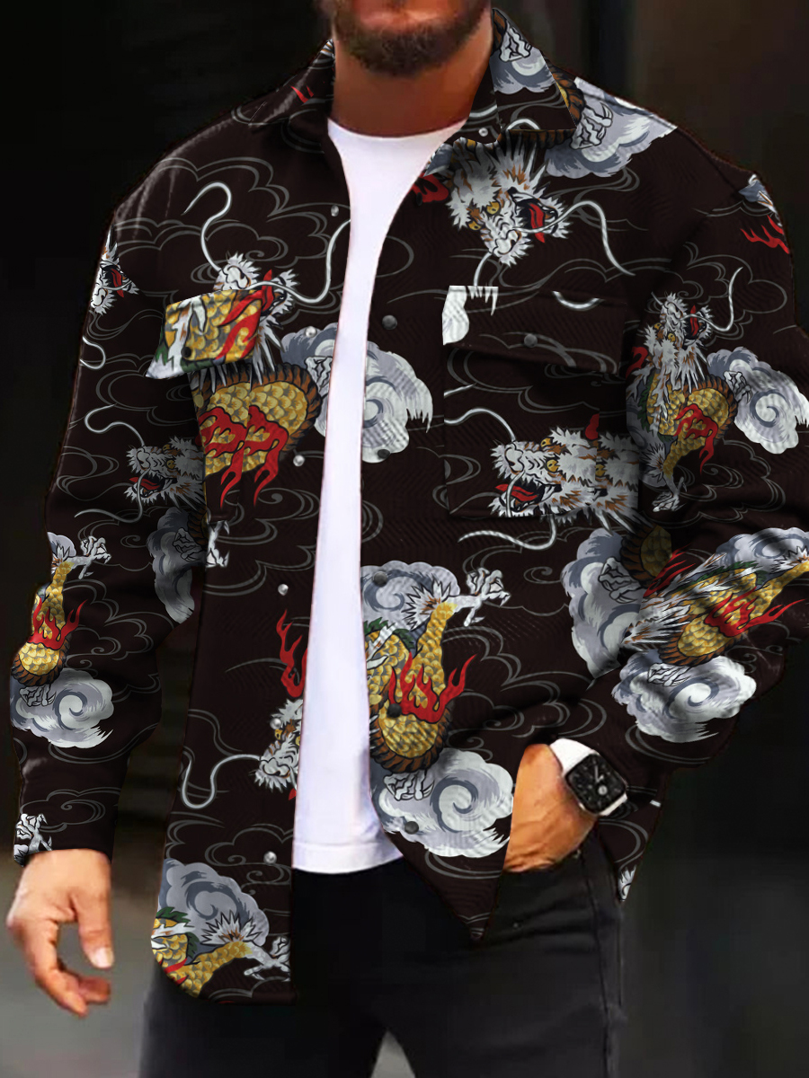 Men's Casual Jacket Fashion Art Dragon Printed Long Sleeve Pocket Jacket