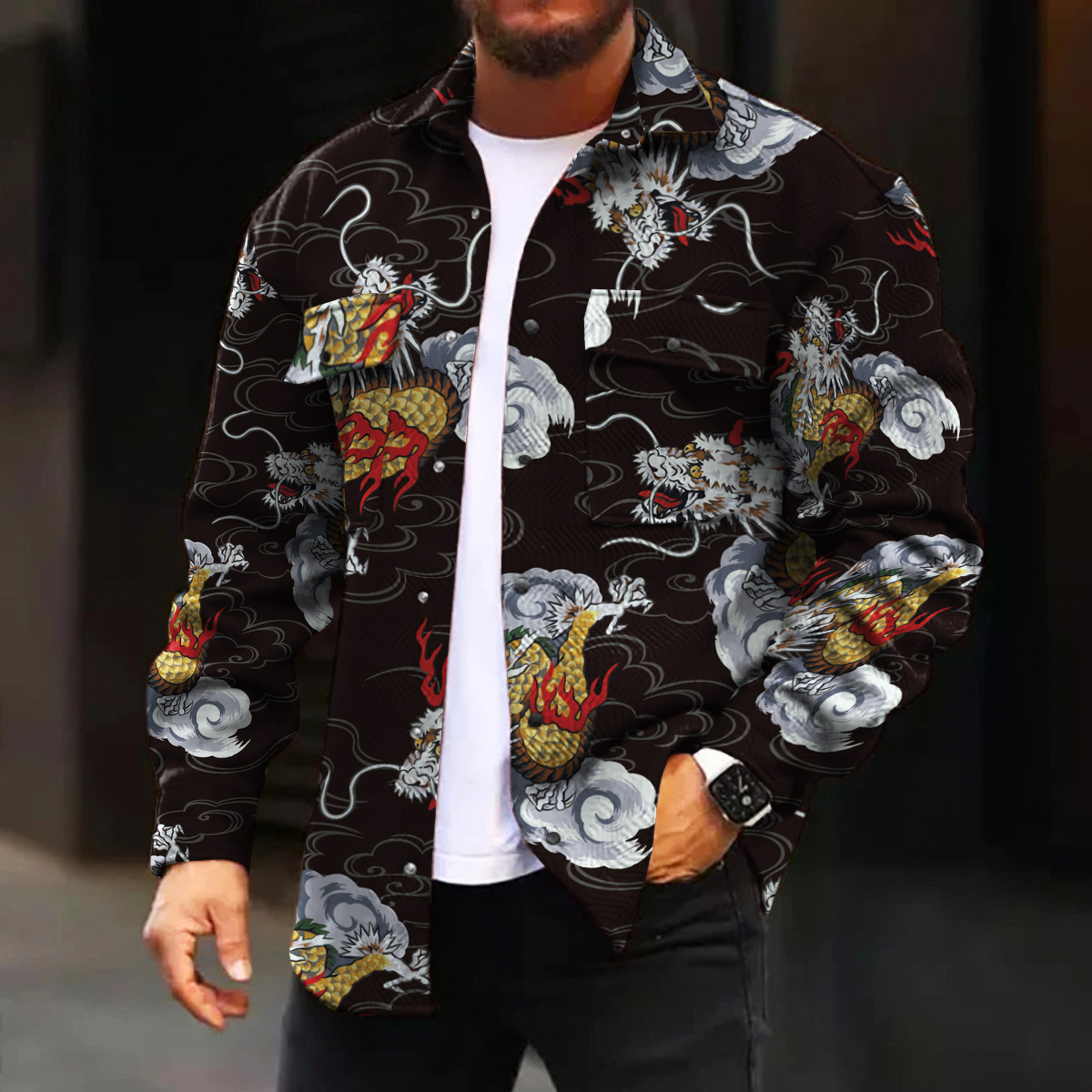 Men's Casual Jacket Fashion Art Dragon Printed Long Sleeve Pocket Jacket