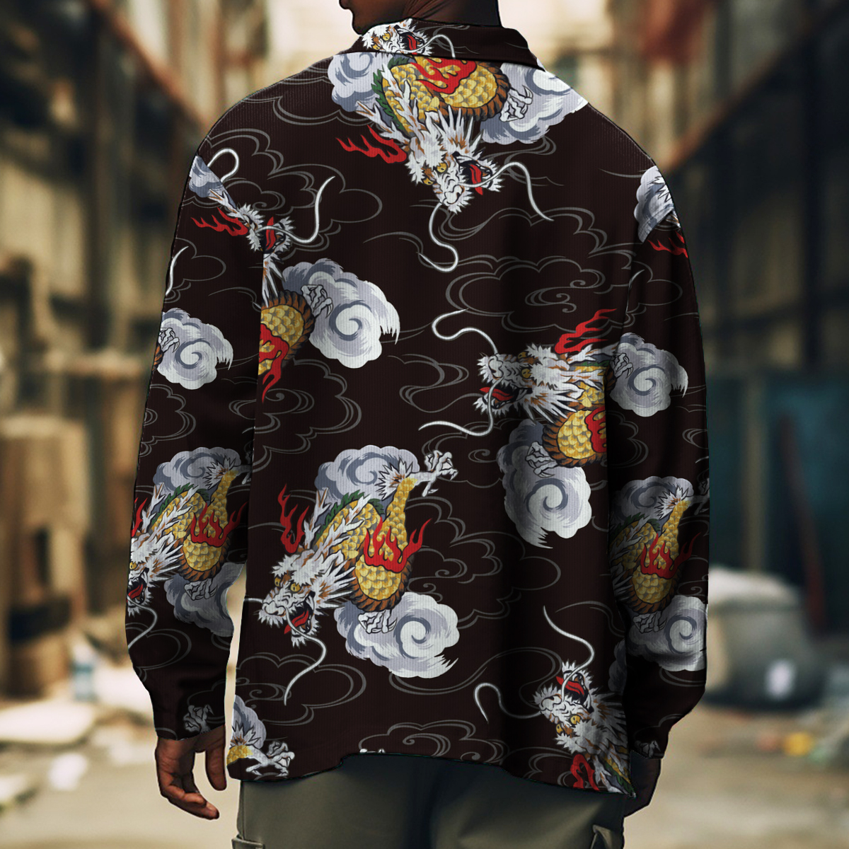 Men's Casual Jacket Fashion Art Dragon Printed Long Sleeve Pocket Jacket