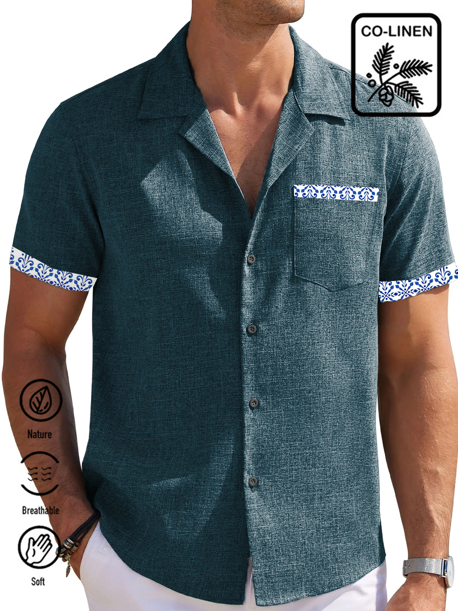 Men's Cotton-Linen Shirts Partial Printing Casual Natural Breathable Summer Rose Lightweight Hawaiian Shirts