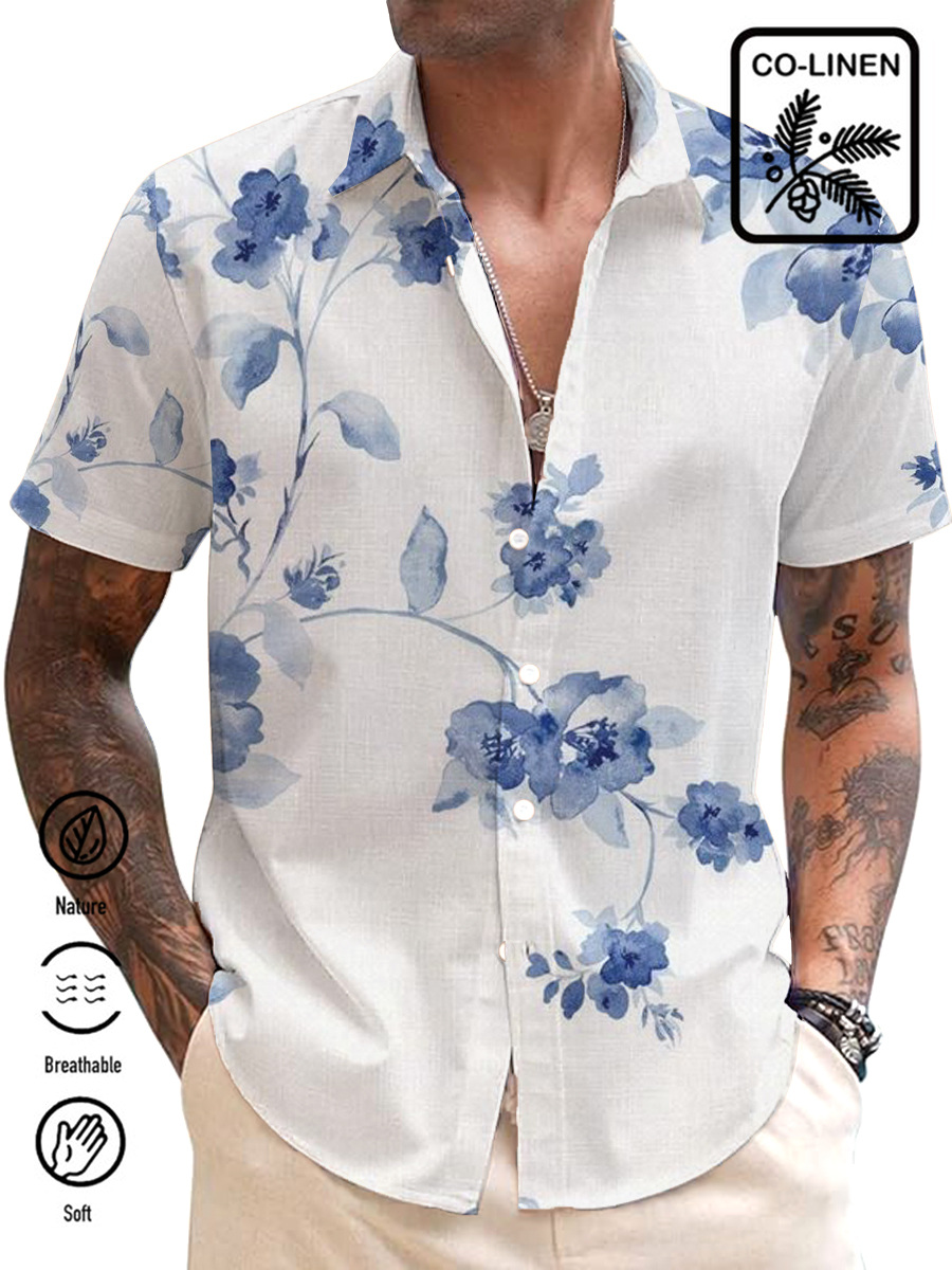 Men's Cotton-Linen Shirt Floral Print Breathable Plus Size Shirts