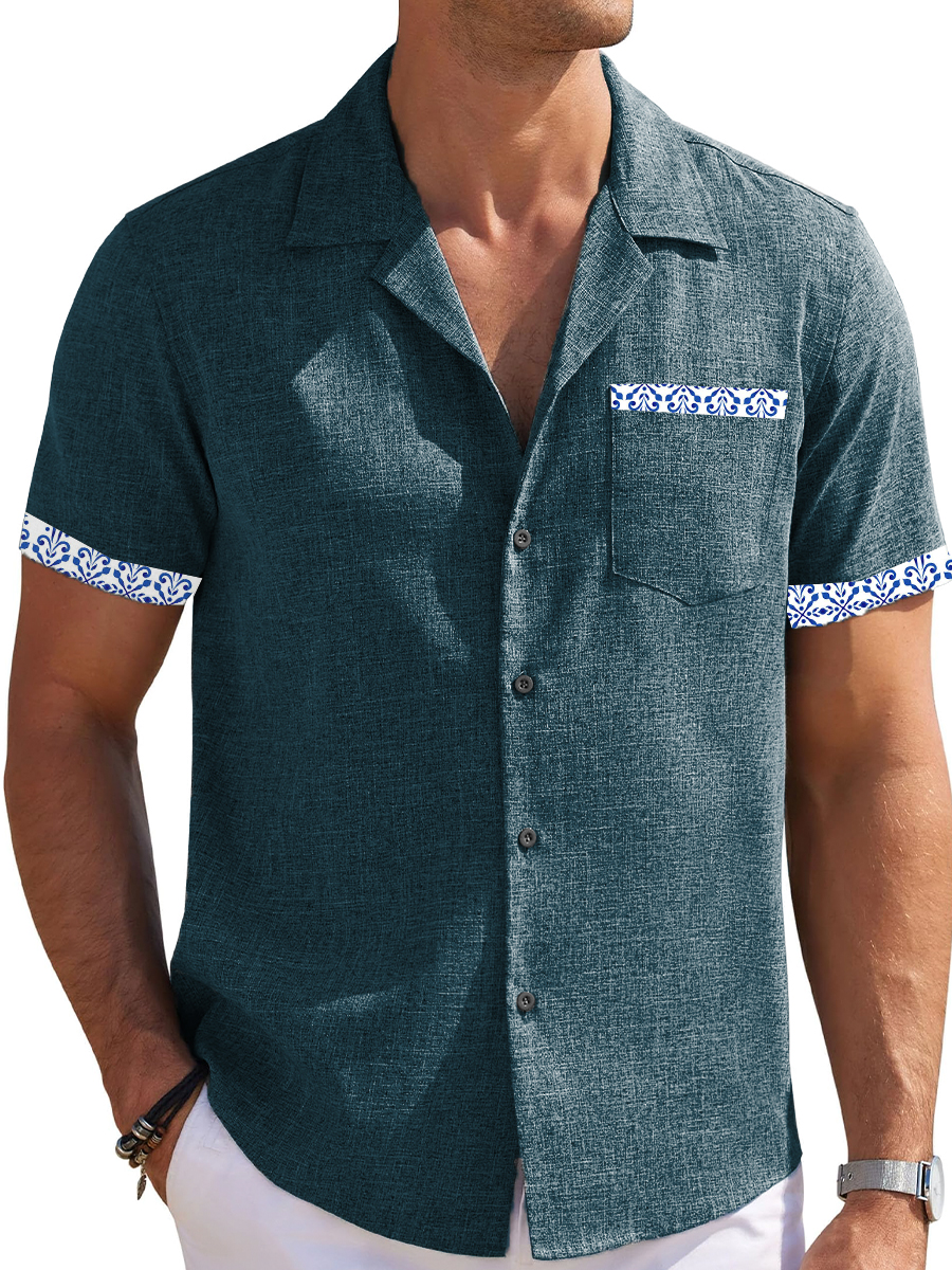 Men's Cotton-Linen Shirts Partial Printing Casual Natural Breathable Summer Rose Lightweight Hawaiian Shirts
